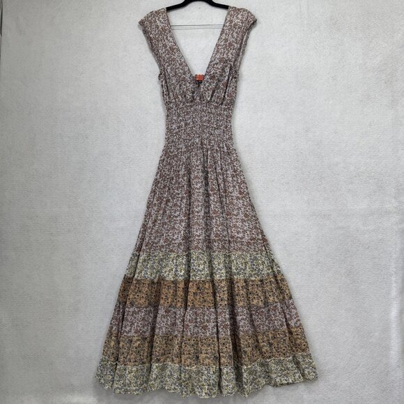 Avatar Dress Womens Small Floral Cotton Boho Maxi Smocked Tiered Deep V Neck - Picture 1 of 7